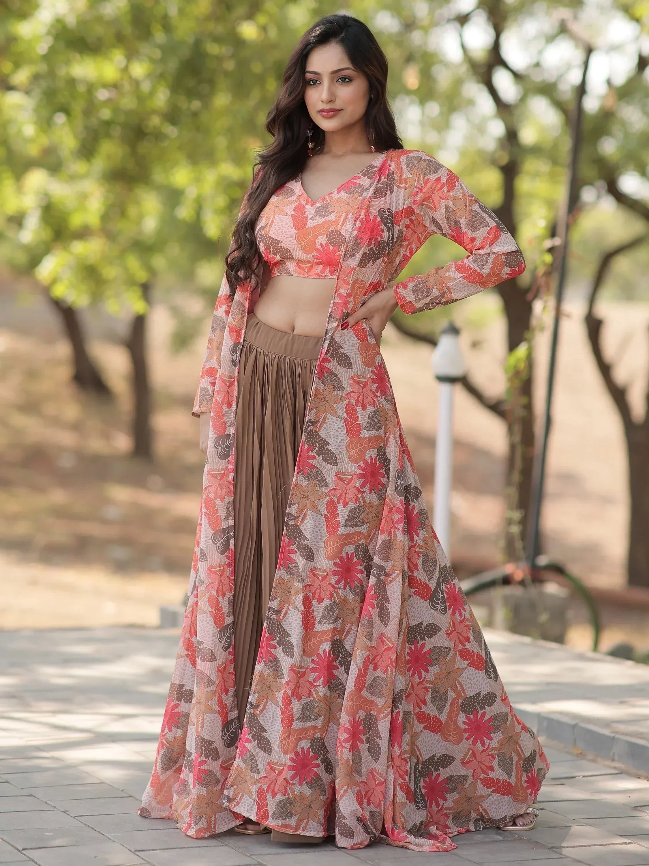 Floral print ethnic gown with palazzo pants, perfect for Indian festive occasions