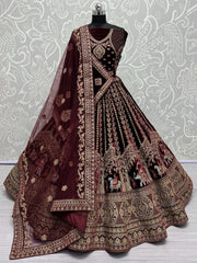 Wonderful Dark Maroon Velvet Bridal Lehenga Choli With Double Dupatta - Ethnic Plus In