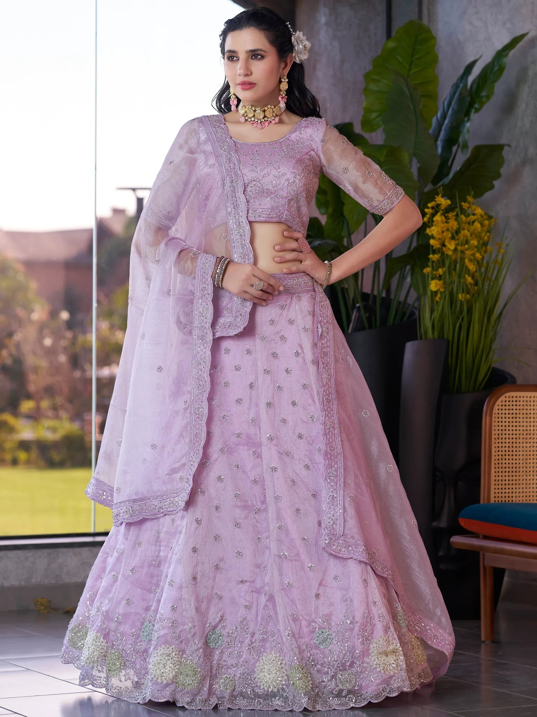 Lavender designer lehenga choli with floral embroidery and sheer dupatta for Indian ethnic wear