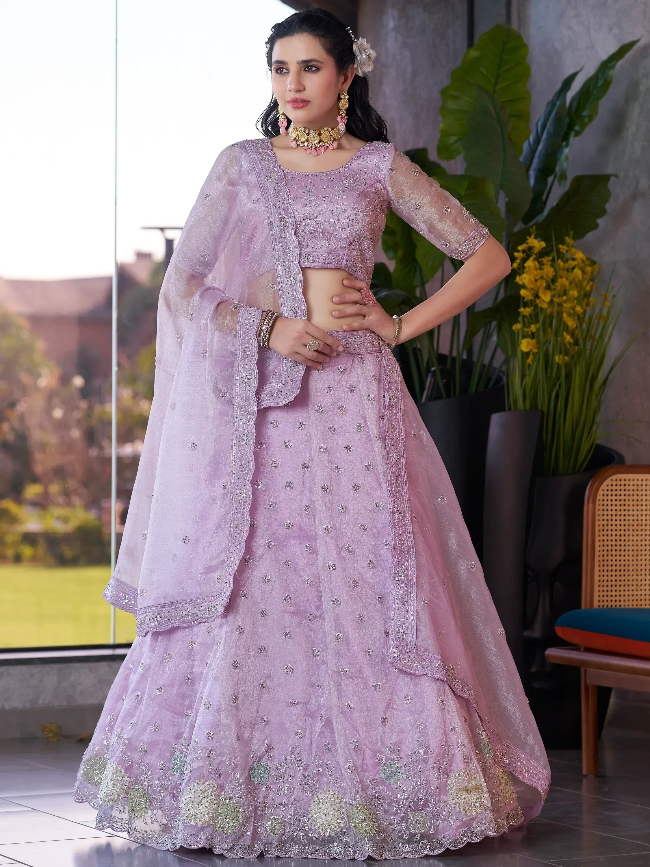 Lavender designer lehenga choli with floral embroidery and sheer dupatta for Indian ethnic wear