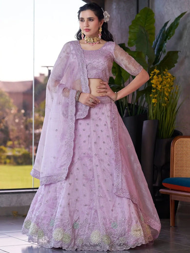 Wonderful Lavender Jarkan Work Organza Designer Lehenga Choli - Ethnic Plus In