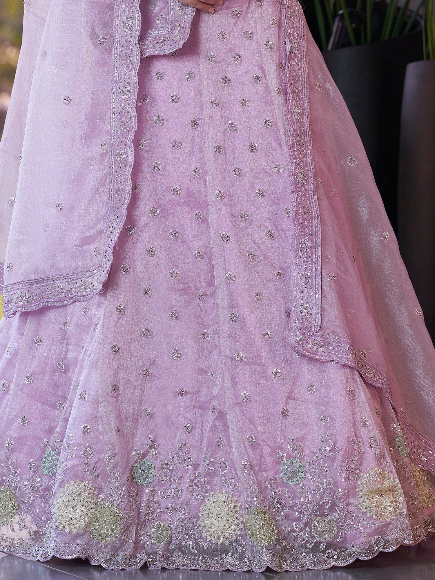 Lavender designer lehenga choli with floral embroidery and sequin work, perfect for Indian ethnic occasions.