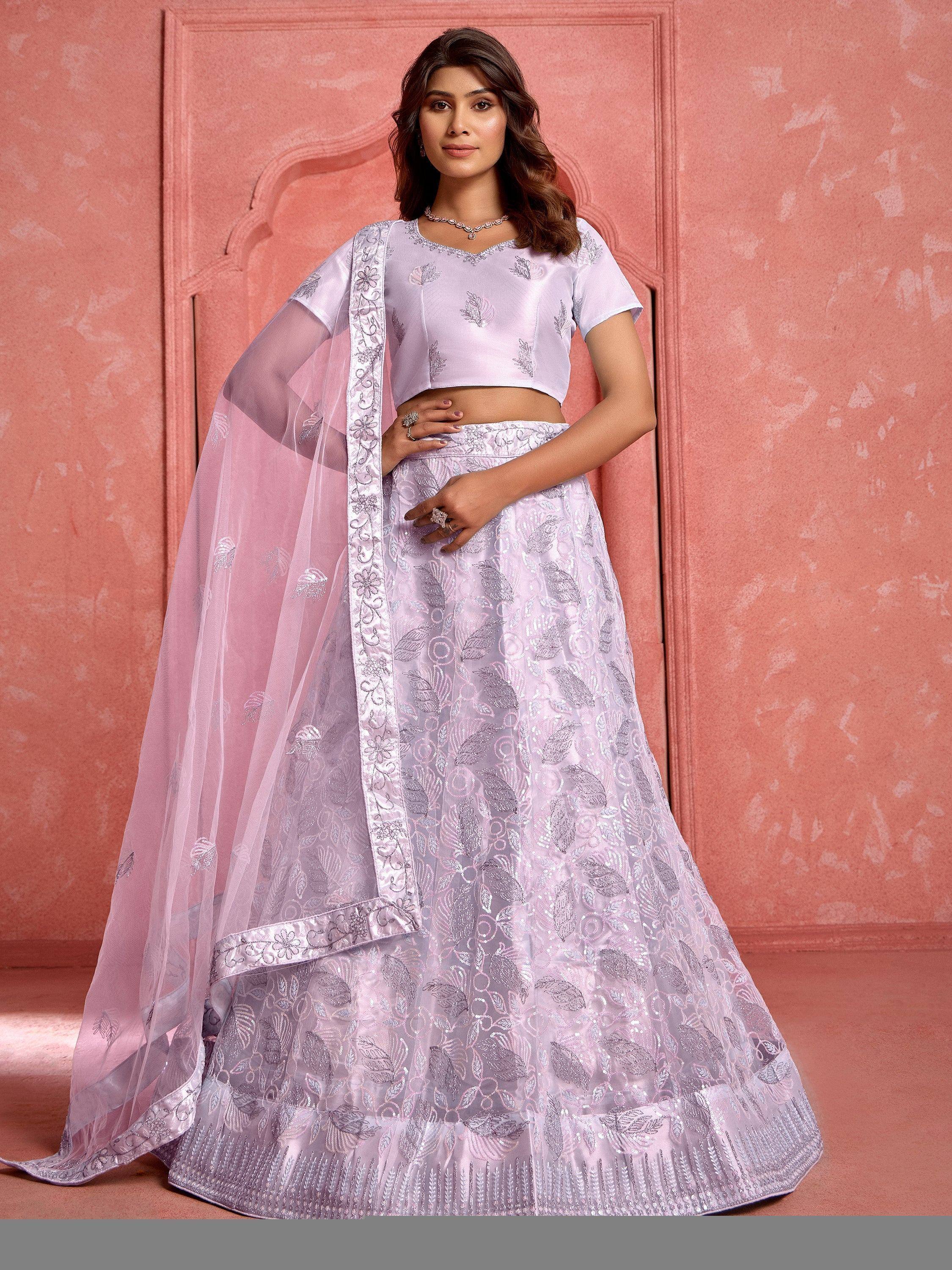 Lavender embroidered lehenga choli with sheer dupatta, Indian ethnic wear for weddings and parties