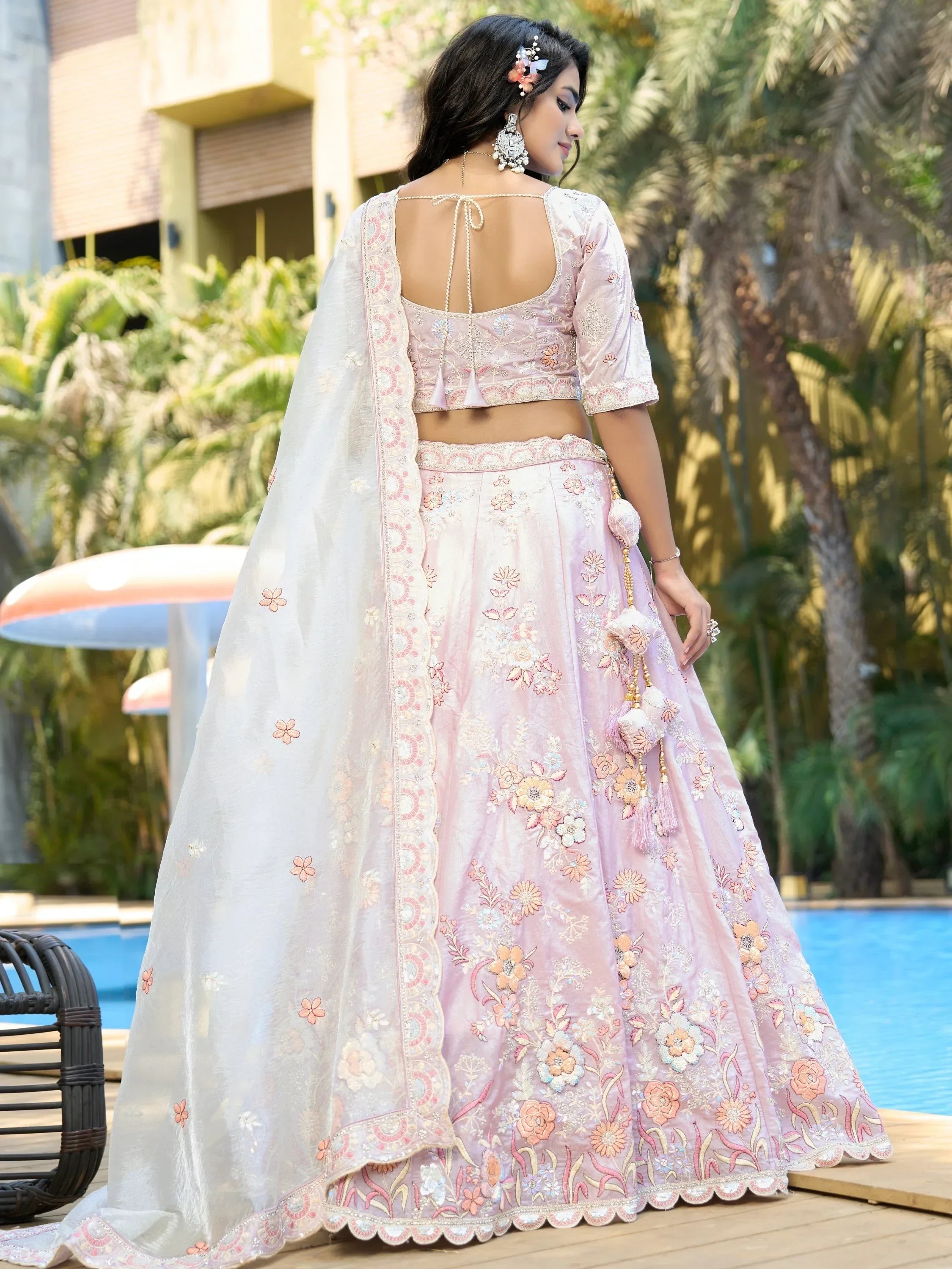 Pink floral embroidered lehenga choli with back tie blouse and dupatta, poolside ethnic wear