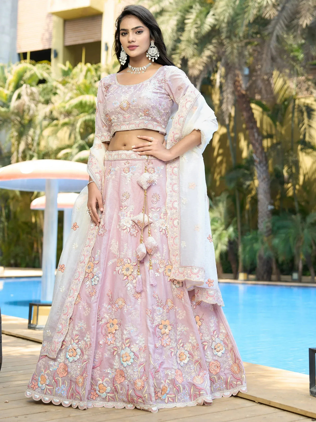 Pink floral embroidered lehenga choli with dupatta, perfect for weddings and festive occasions