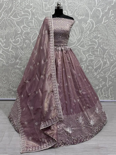 Wonderful Lilac Zari Embroidered Organza Bridesmaid Lehenga Choli - Ethnic Plus In