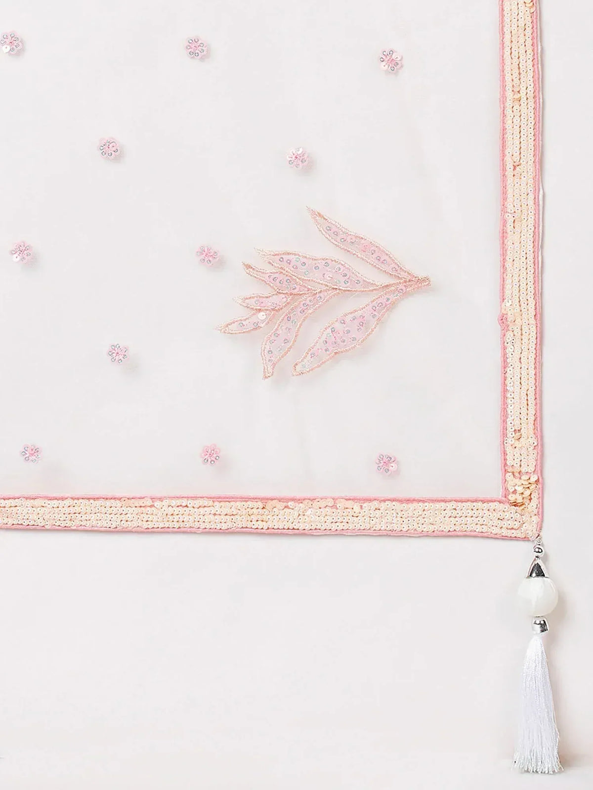Pink sequin embroidered dupatta with floral motifs and tassel border for ethnic wear