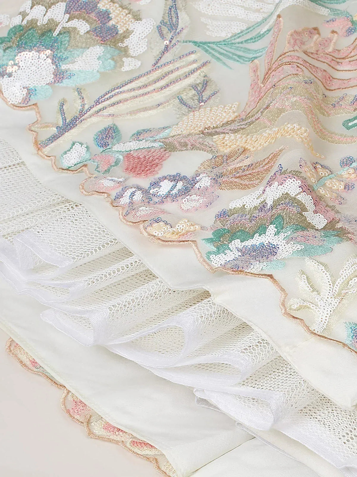 Elegant floral embroidered lehenga with pastel sequins and lace detailing, perfect for Indian ethnic wear.