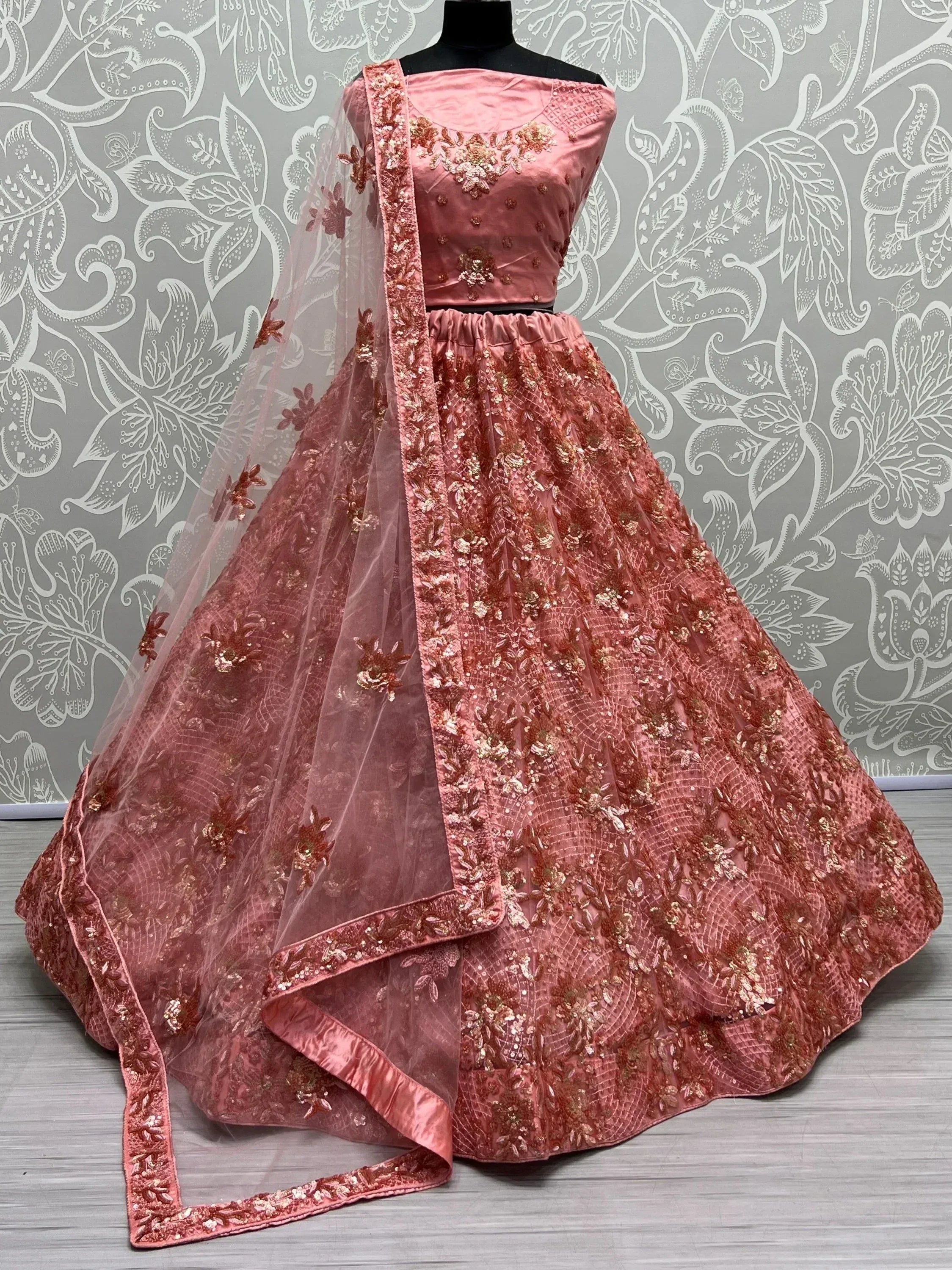 Pink embroidered lehenga choli with floral sequin work and matching dupatta, Indian ethnic wear