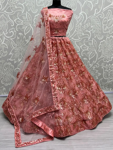 Wonderful Peach Sequins Net Bridesmaid Lehenga Choli With Dupatta - Ethnic Plus In