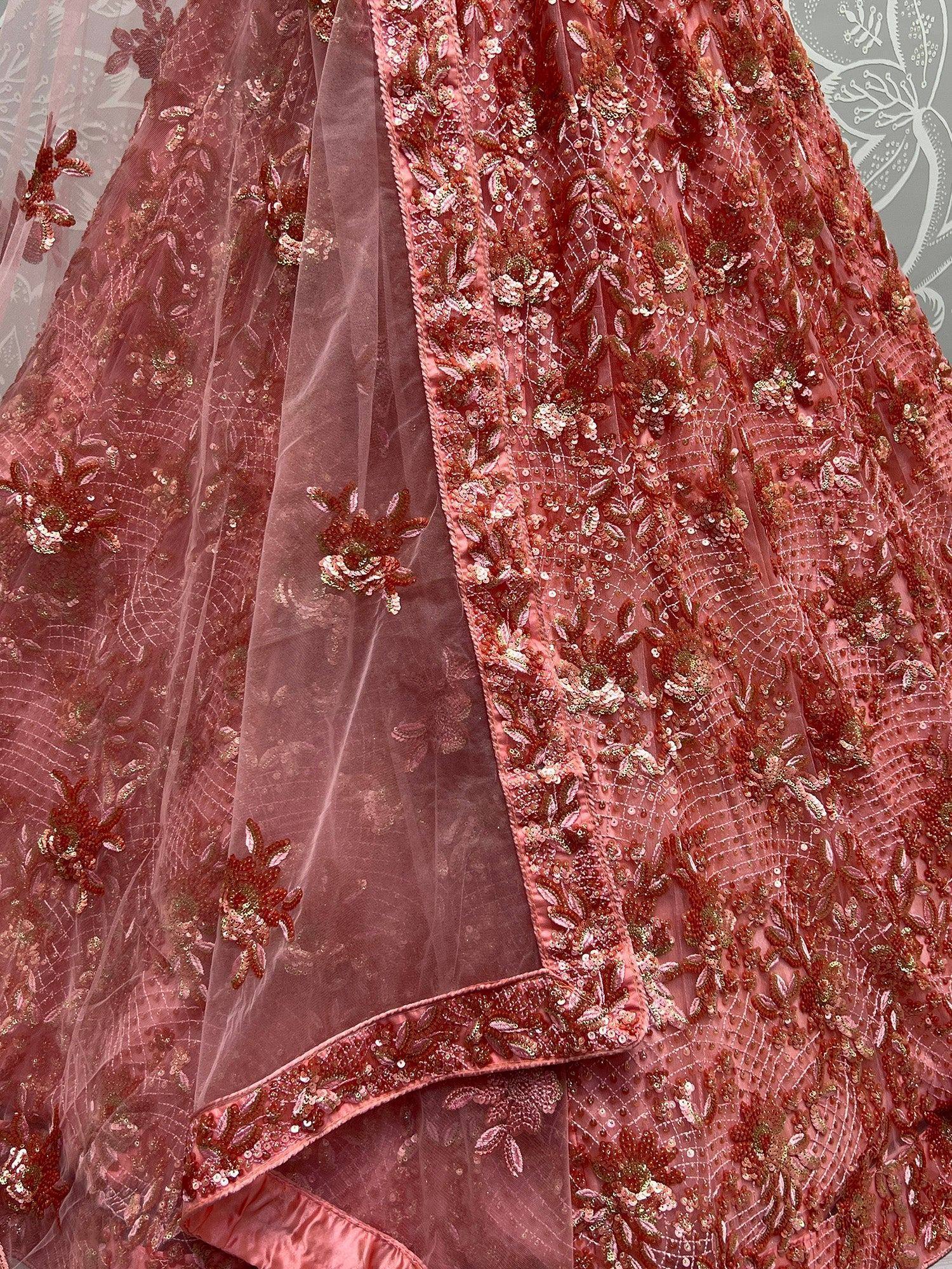 Pink embroidered lehenga with sequin floral detailing and sheer dupatta, Indian ethnic wear