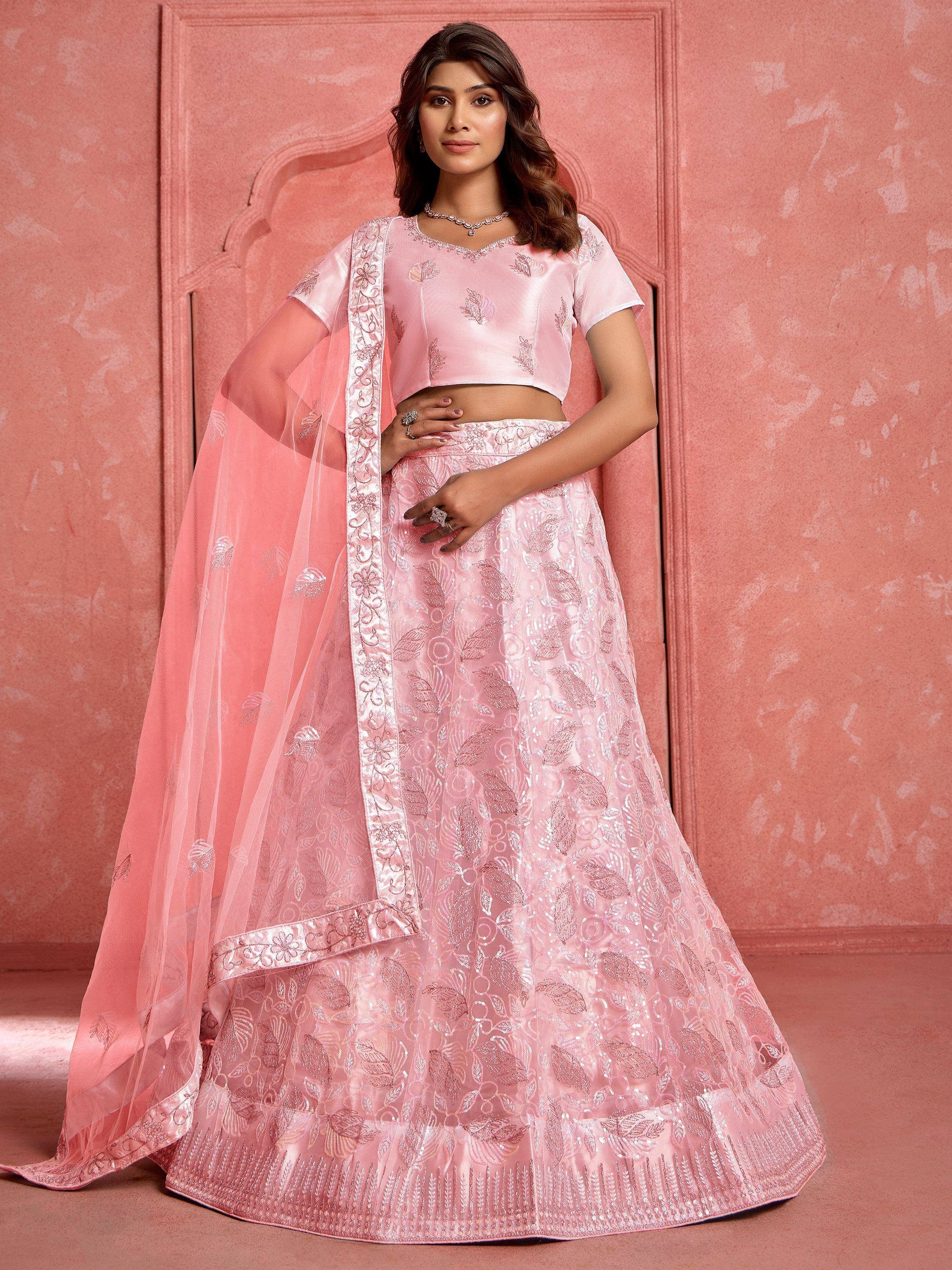 Pink embroidered lehenga choli with sheer dupatta, Indian ethnic wear for weddings and parties