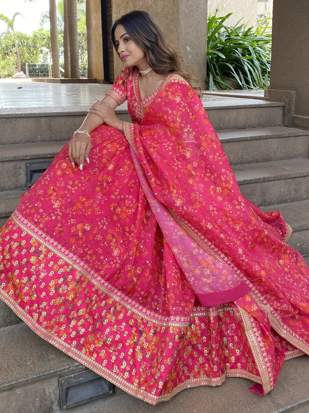 Pink floral lehenga choli with gold embroidery, perfect for Indian ethnic wear occasions