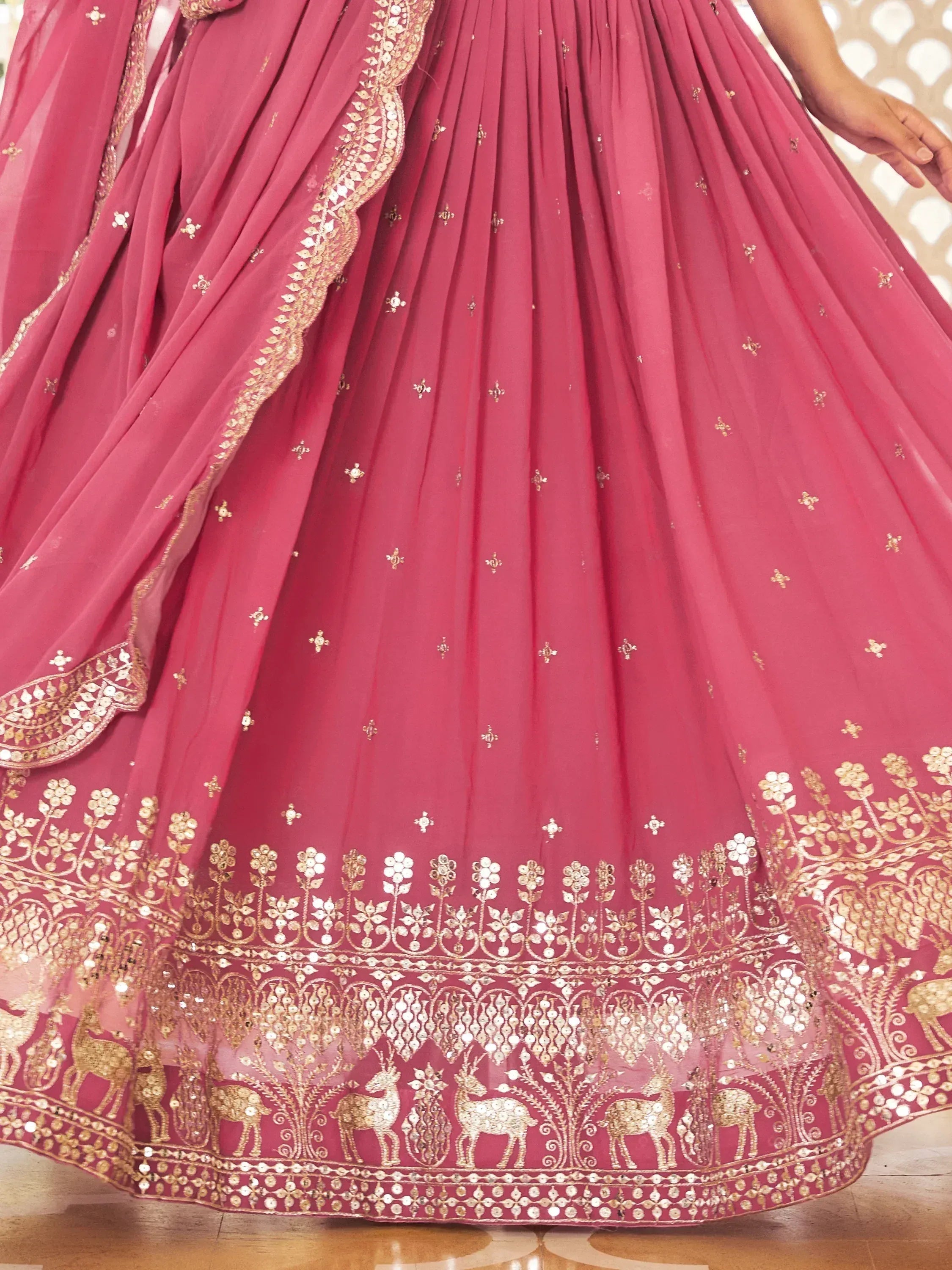 Pink lehenga with gold deer embroidery and sequin border, Indian ethnic wear