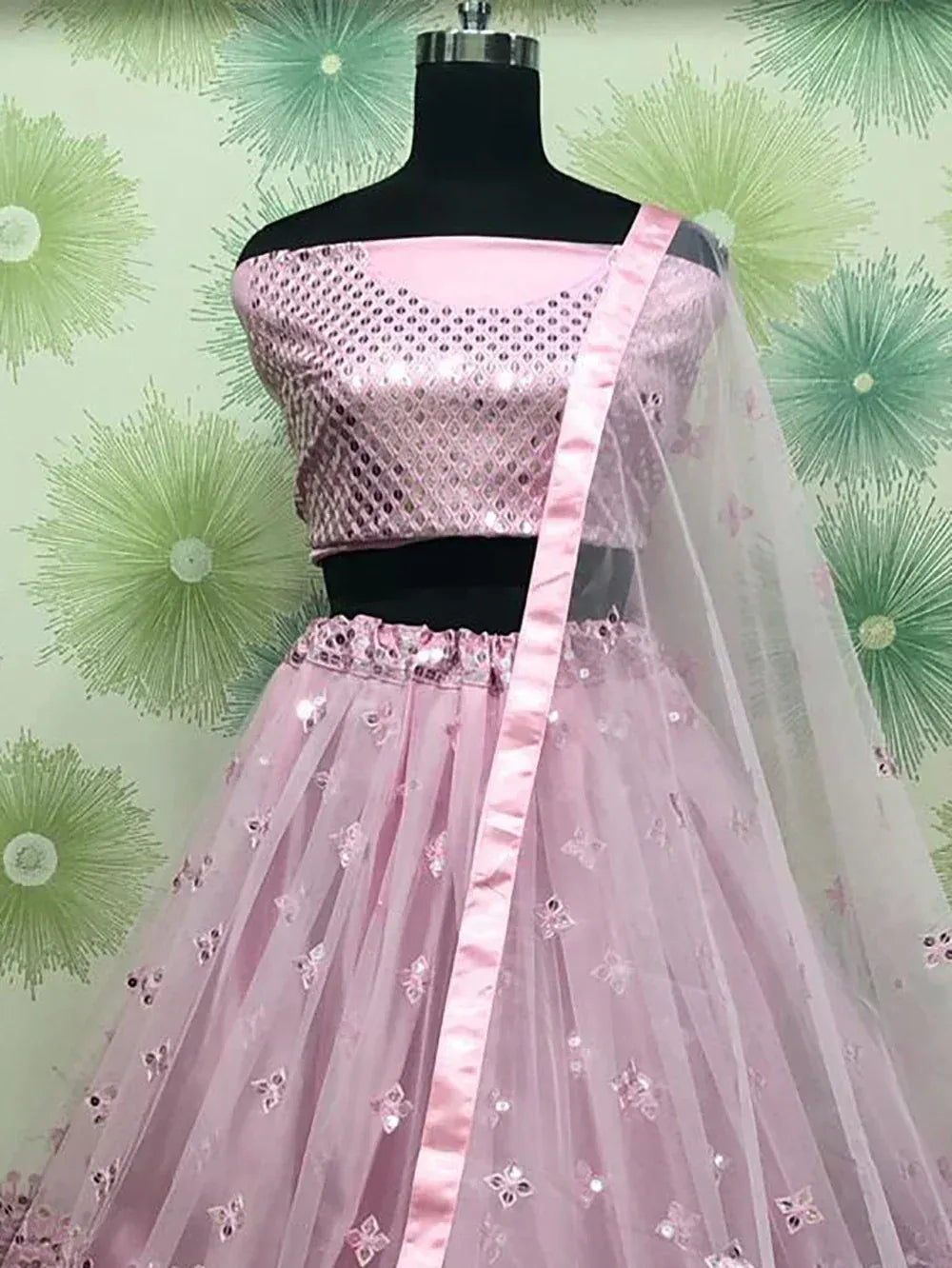 Pink sequined lehenga choli with sheer dupatta, ethnic Indian wear for weddings and parties