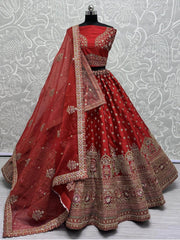 Wonderful Red Silk Bridal Lehenga Choli With Double Dupatta - Ethnic Plus In