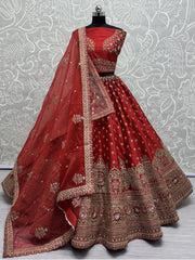 Wonderful Red Silk Bridal Lehenga Choli With Double Dupatta - Ethnic Plus In
