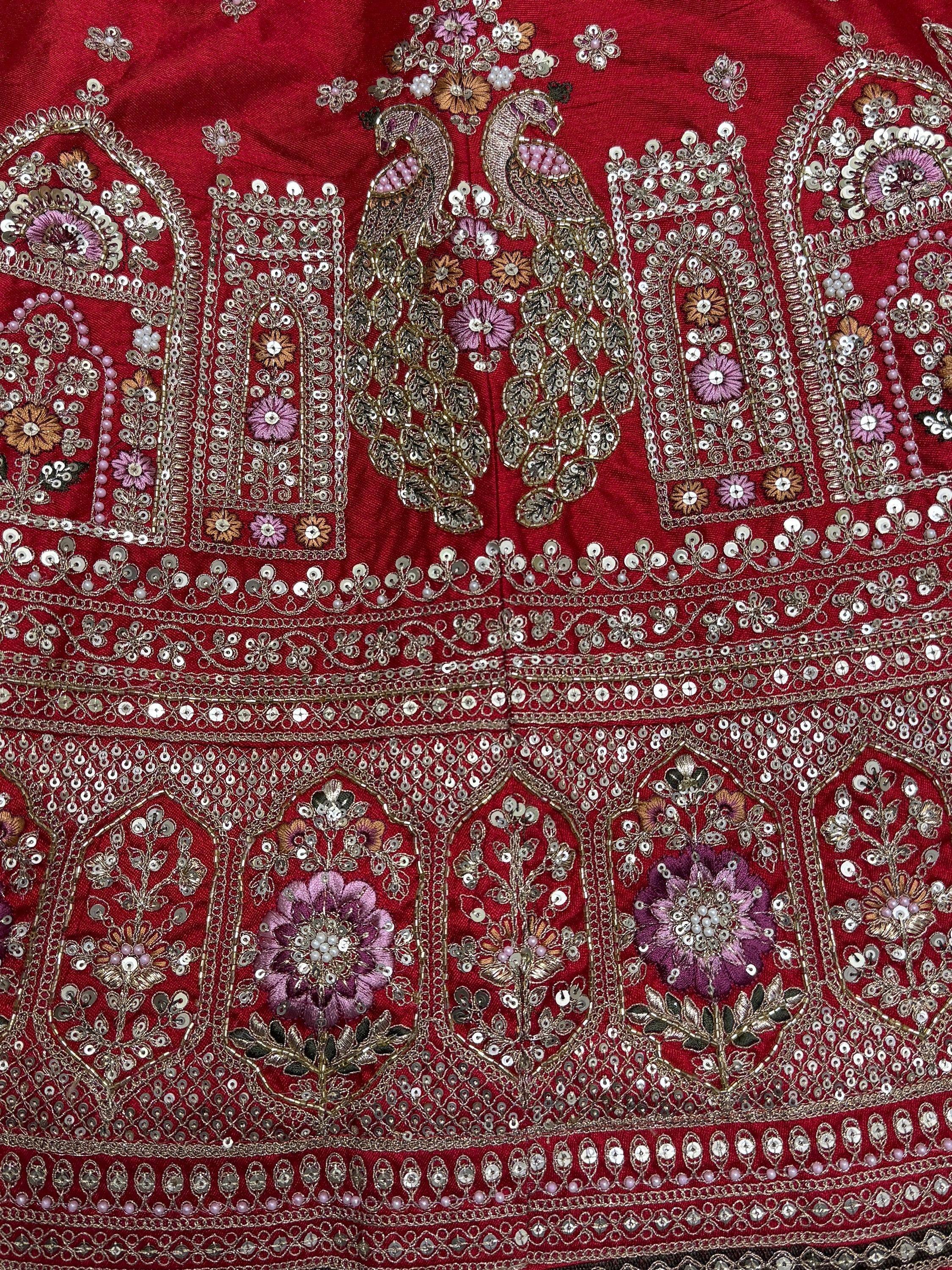 Red ethnic wear with peacock and floral embroidery, sequins, and beads for Indian designer lehenga or saree