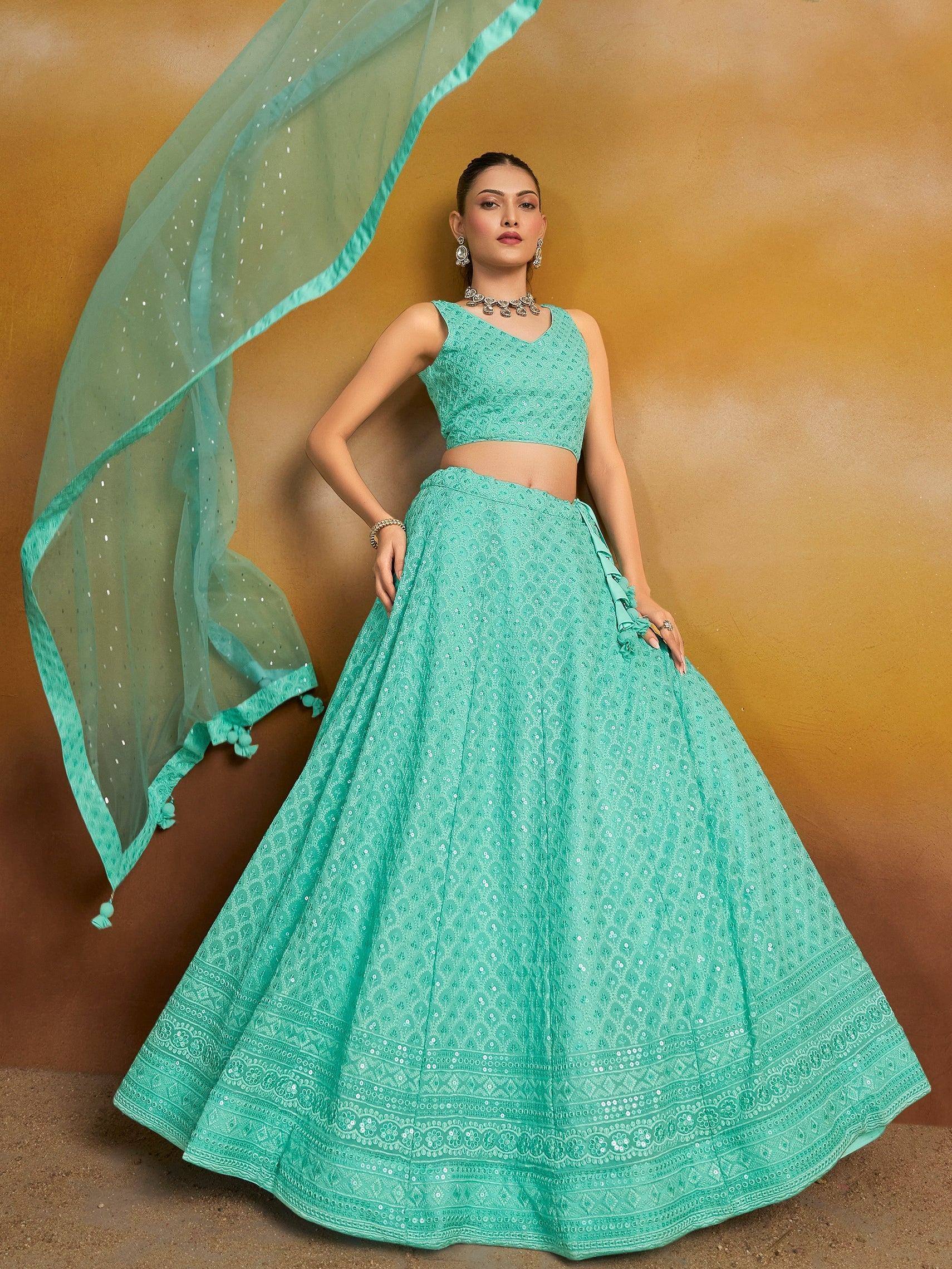 Mint green designer lehenga choli with sequin work and matching dupatta for Indian ethnic wear