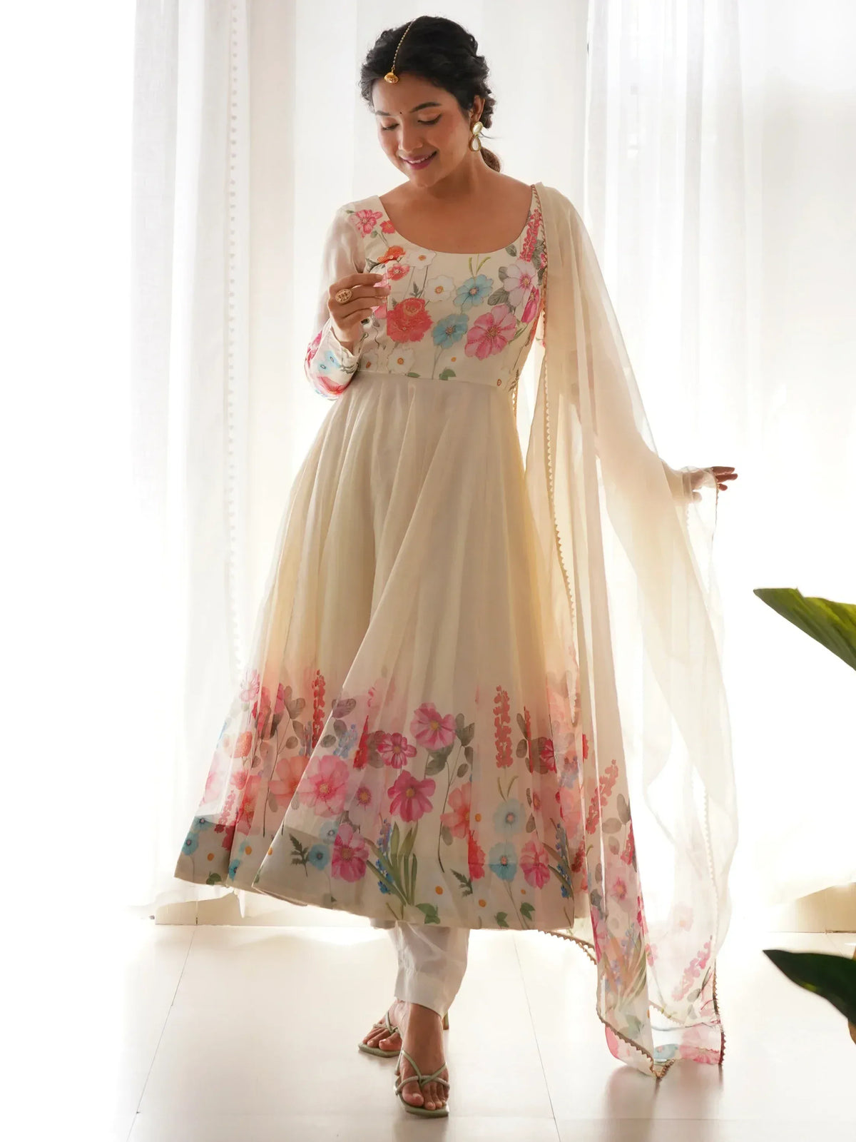 Floral printed ethnic gown with sheer dupatta, perfect for Indian occasions