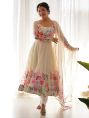 Wonderful Cream Floral Printed Organza Traditional Anarkali Suit