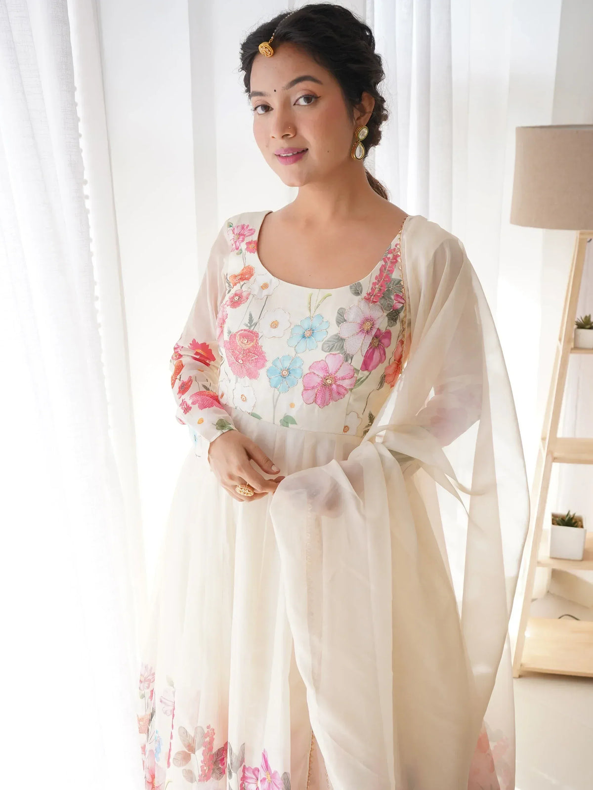 Floral embroidered ethnic gown with sheer sleeves and dupatta, perfect for Indian celebrations