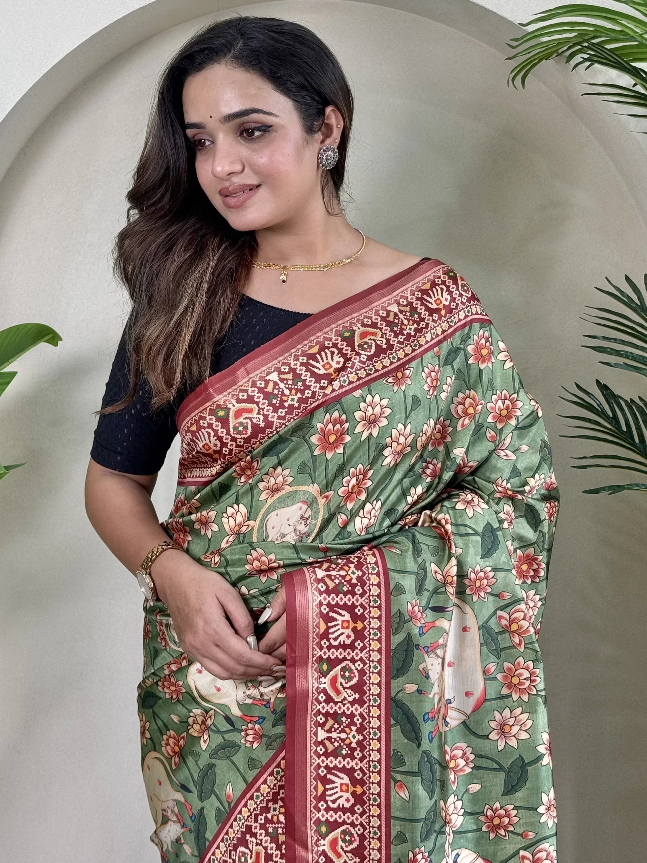 Wonderful Green Pichwai Printed Viscose Event Wear Saree With Blouse