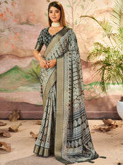Wonderful Grey Printed Dola Silk Office Wear Saree With Blouse