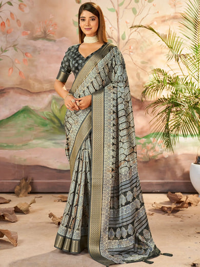 Wonderful Grey Printed Dola Silk Office Wear Saree With Blouse