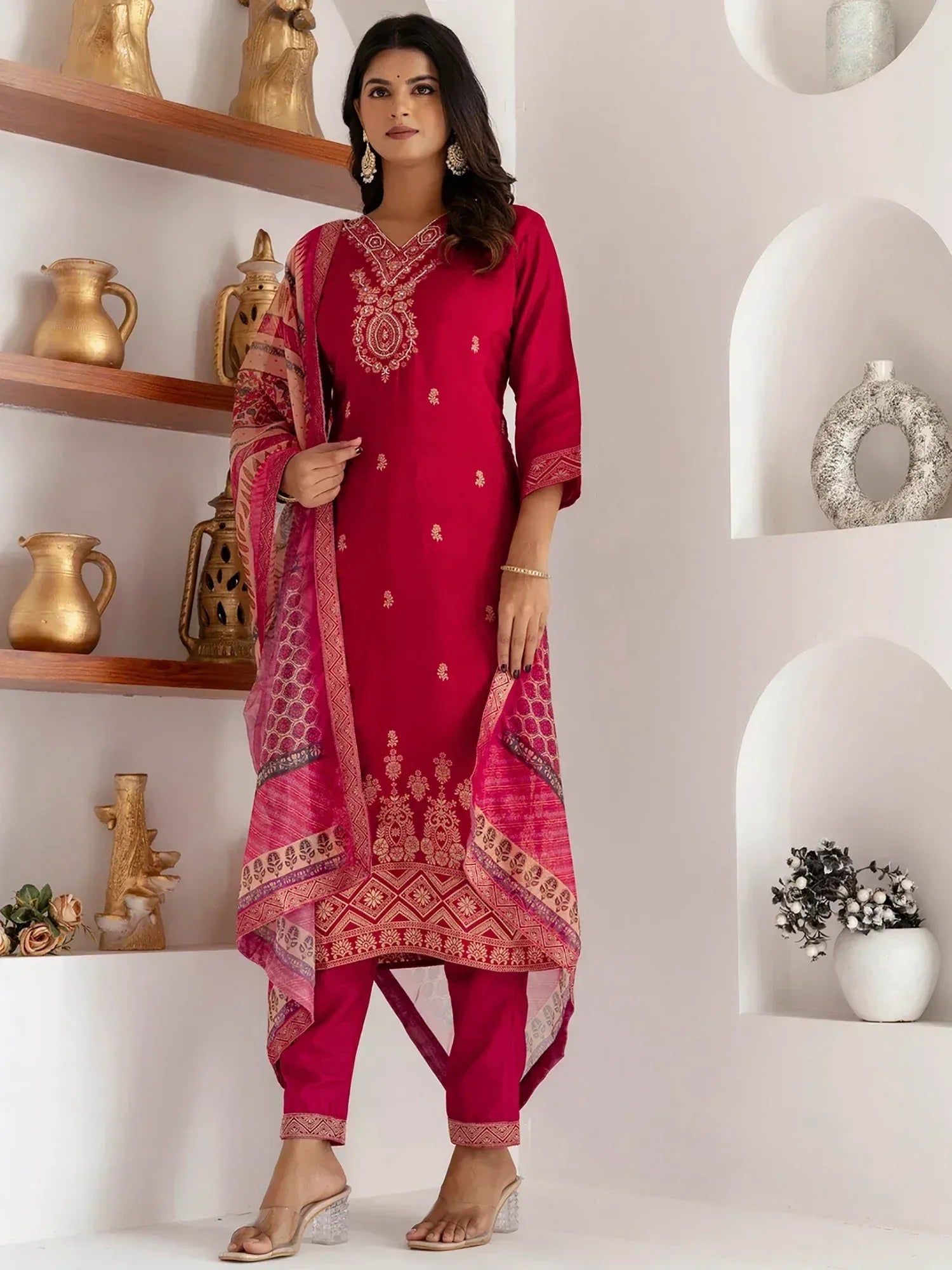 Red embroidered salwar kameez with matching dupatta, Indian ethnic wear for women