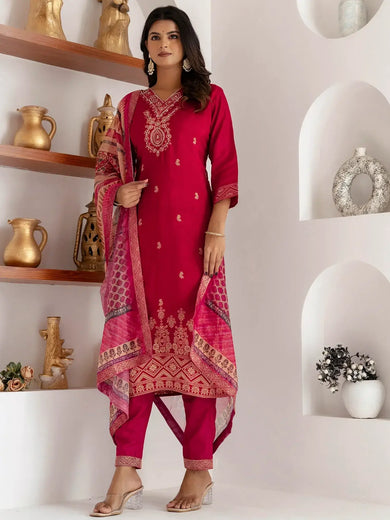 Wonderful Pink Zari Weaving Jacquard Event Wear Pant Suit