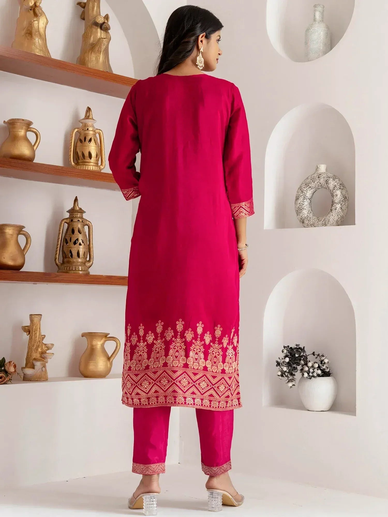 Pink embroidered kurta with matching pants, ethnic Indian wear for women