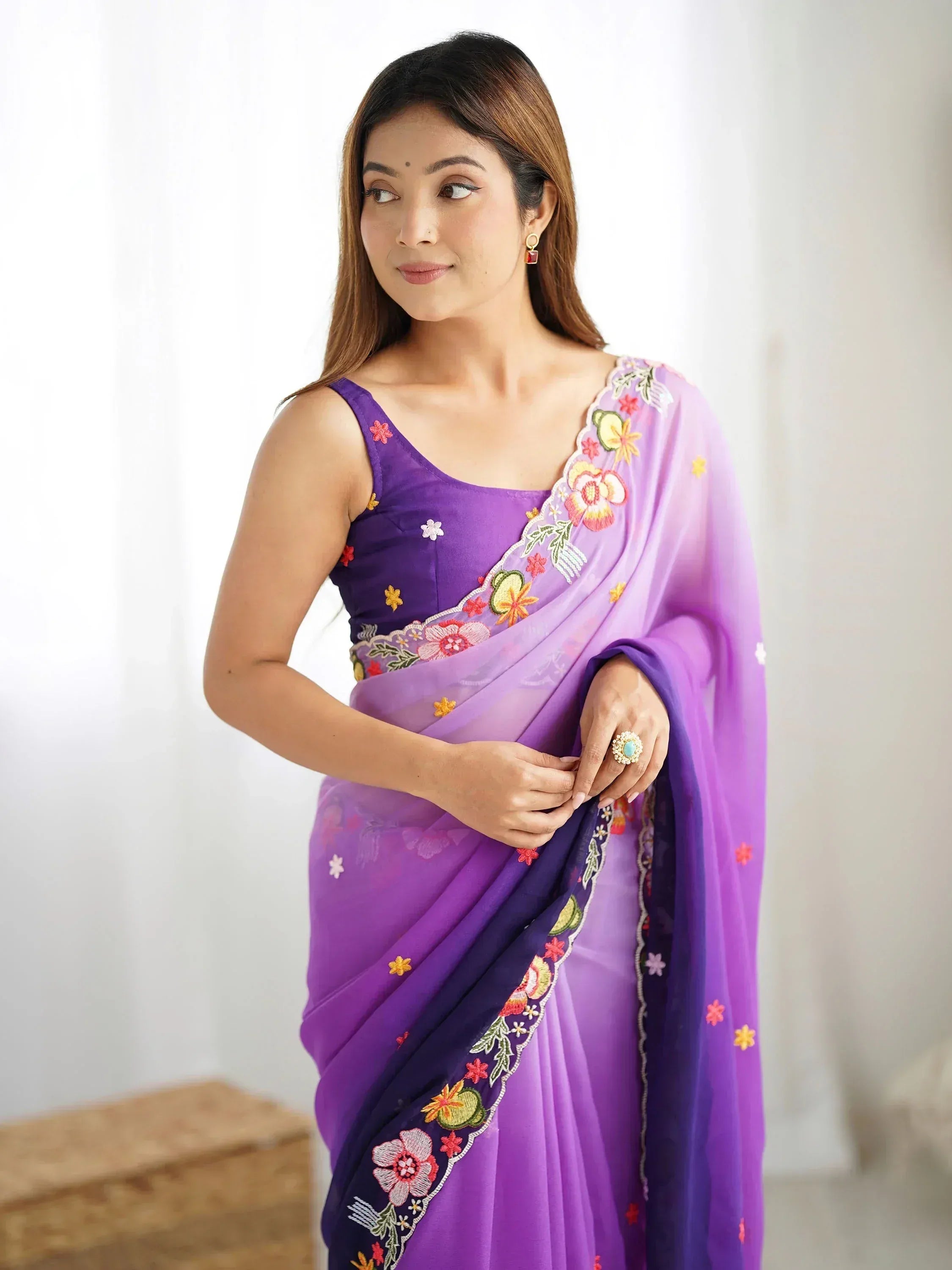 Purple floral embroidered saree with matching blouse, elegant Indian ethnic wear