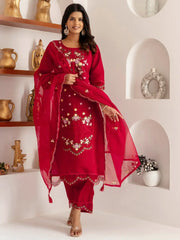 Wonderful Red Floral Embroidered Viscose Festival Wear Pant Suit