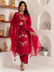 Wonderful Red Floral Embroidered Viscose Festival Wear Pant Suit