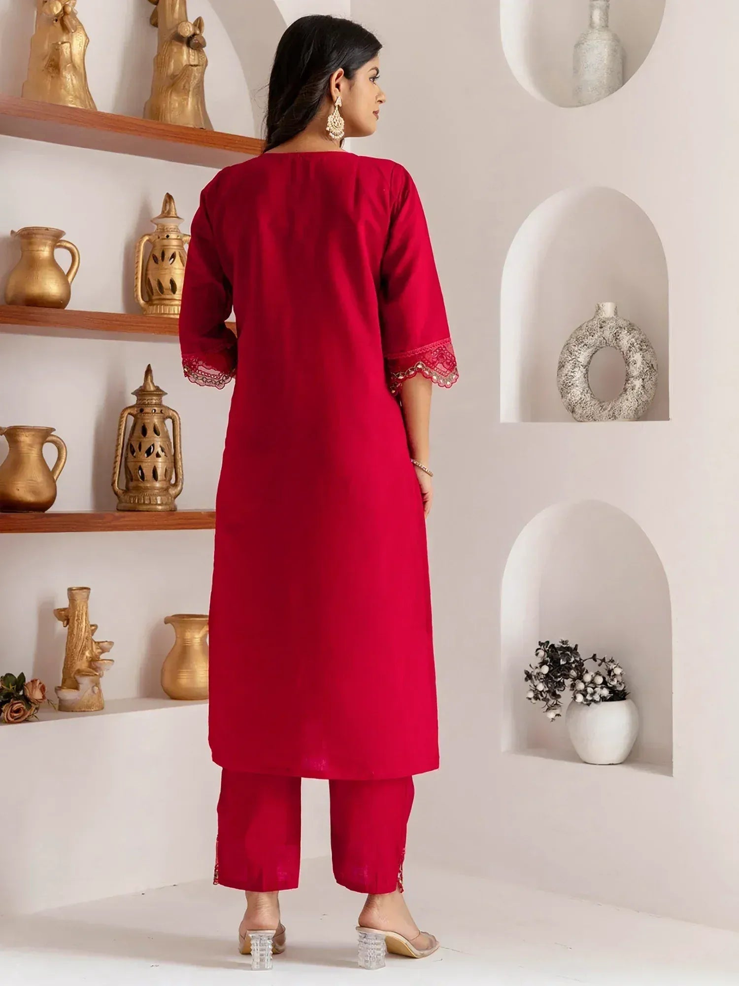 Red ethnic kurta with lace sleeves and matching pants, stylish Indian wear for women