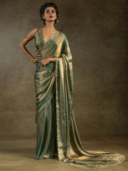 Wonderful Teal Blue Border Work Satin Pre-Stitched Saree With Blouse