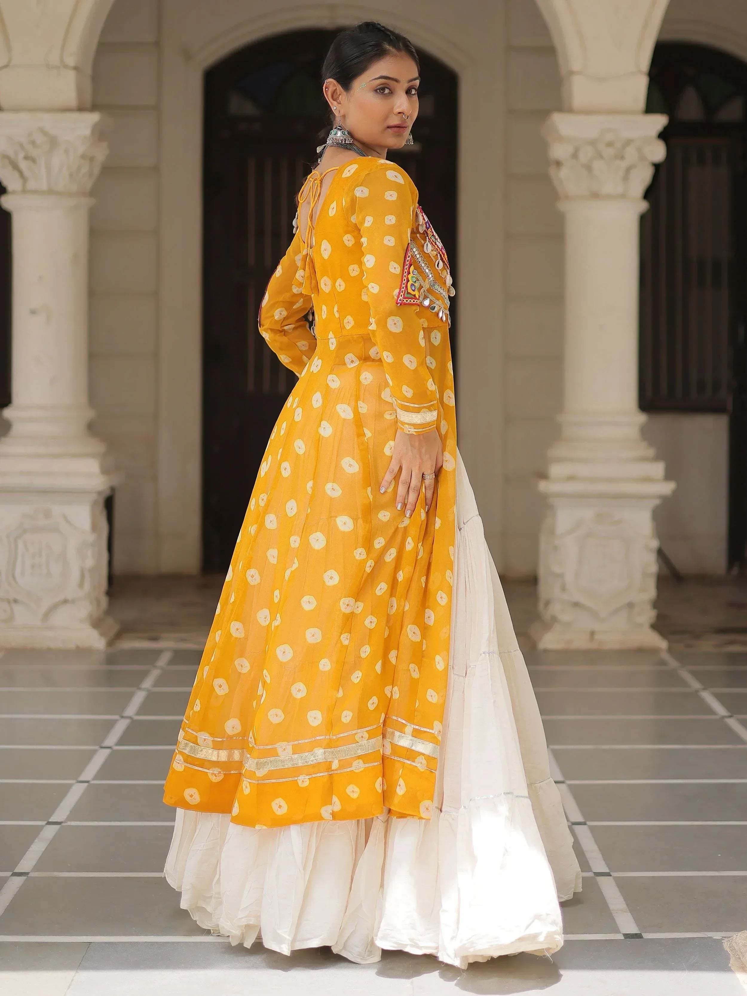 Yellow printed anarkali with white skirt, ethnic wear for women, designer Indian outfit