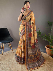 Beautiful Yellow Color Printed Silk Traditional Saree With Blouse