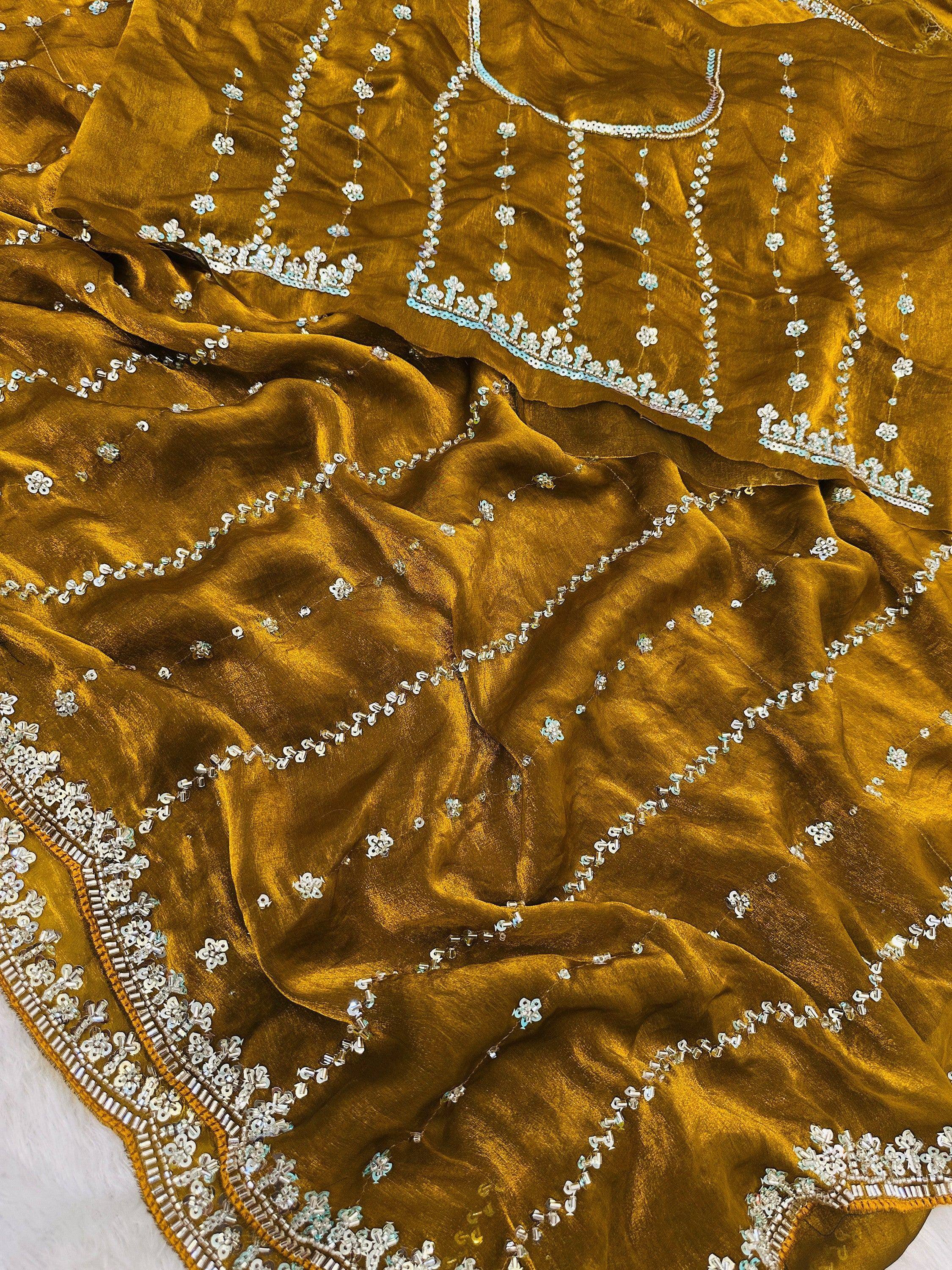 Captivating Yellow Beads Work Satin Party Wear Saree With Blouse
