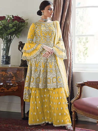 Glamorous Yellow Net Floral Embroidered Event Wear Sharara Suit