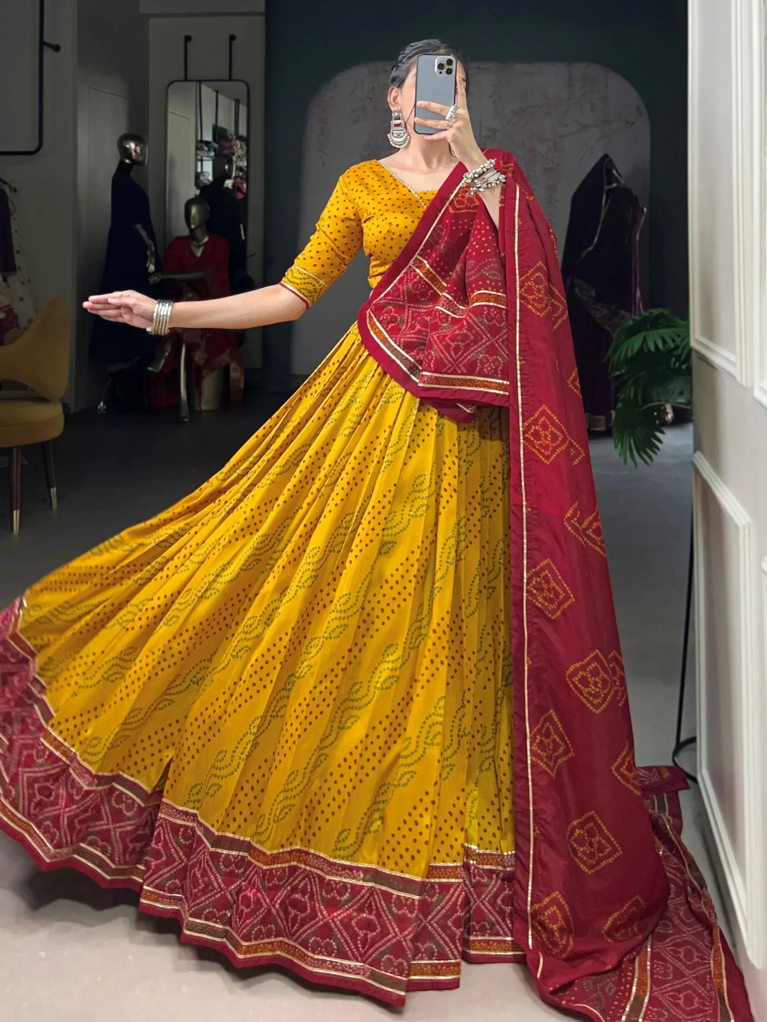 Yellow and red printed lehenga choli with dupatta, ethnic Indian wear for women
