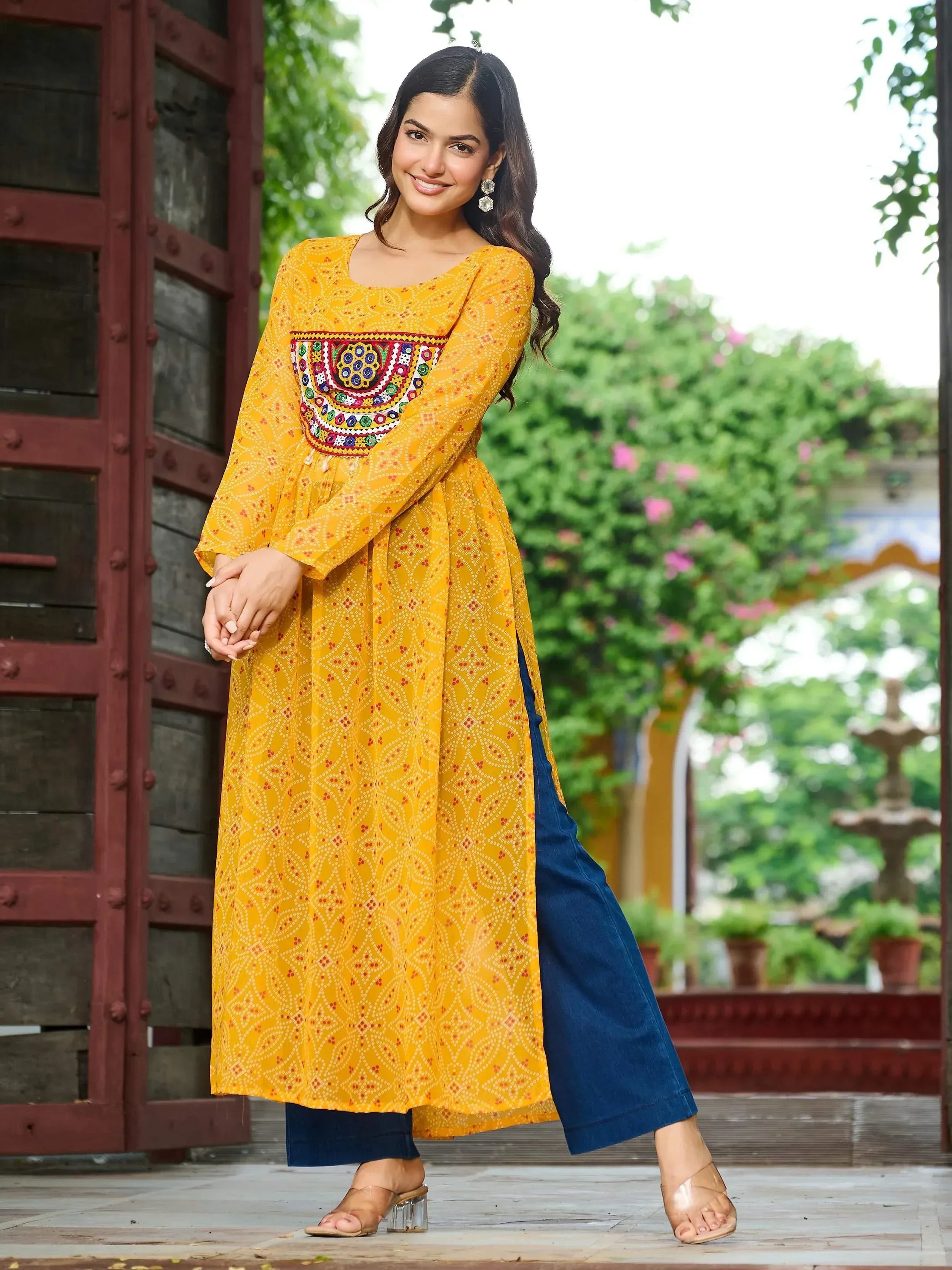 Yellow embroidered kurta with blue palazzo pants, perfect for Indian ethnic wear