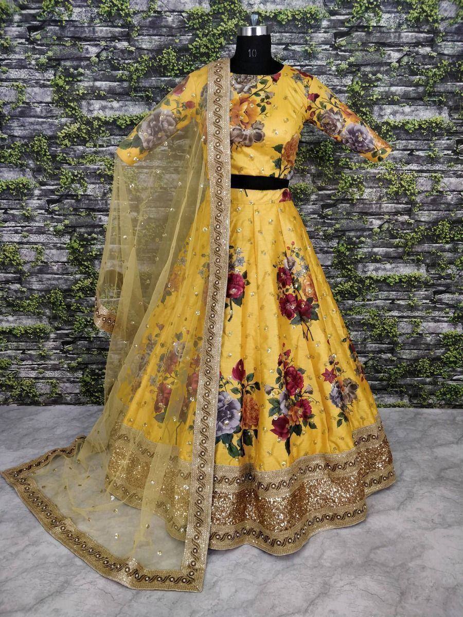 Yellow floral print lehenga choli with gold border and sheer dupatta, Indian ethnic wear