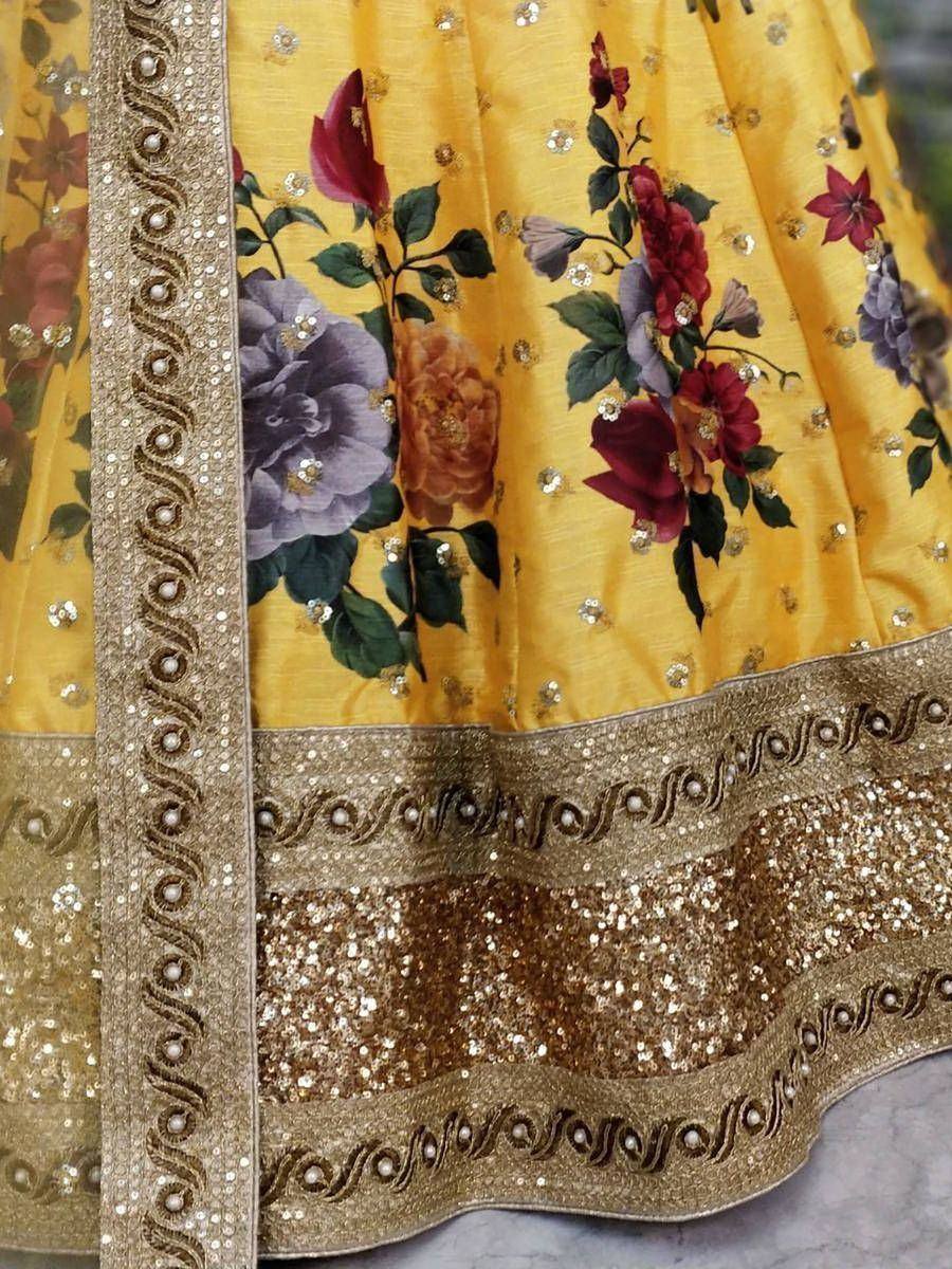 Yellow floral lehenga with gold sequin border and pearl embroidery, Indian ethnic wear