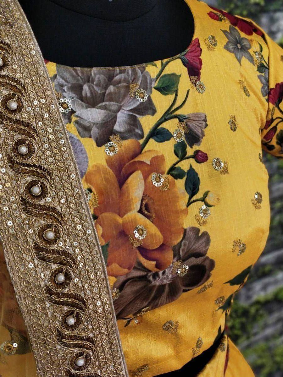 Yellow floral printed ethnic blouse with gold sequin embroidery and pearl detailing on dupatta border
