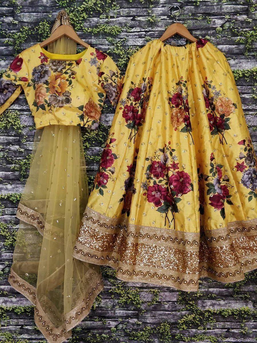 Yellow floral lehenga choli with gold embroidery, perfect for Indian ethnic wear occasions