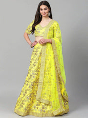 Yellow & Gold-Toned Embroidered Semi-Stitched Myntra Party Wear Lehenga & Unstitched Blouse with Dupatta