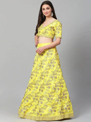 Yellow & Gold-Toned Embroidered Semi-Stitched Myntra Party Wear Lehenga & Unstitched Blouse with Dupatta