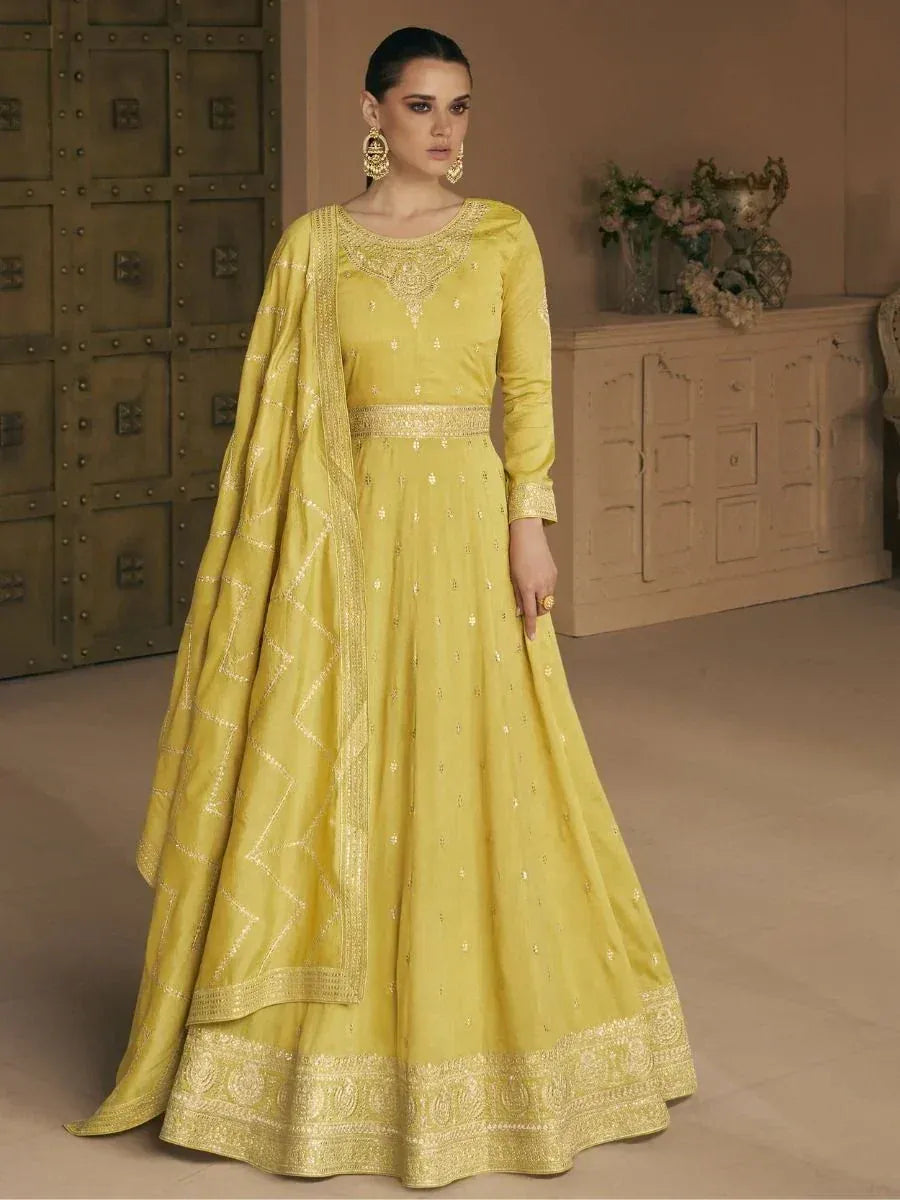 Yellow designer lehenga choli with gold embroidery, perfect for Indian ethnic wear occasions